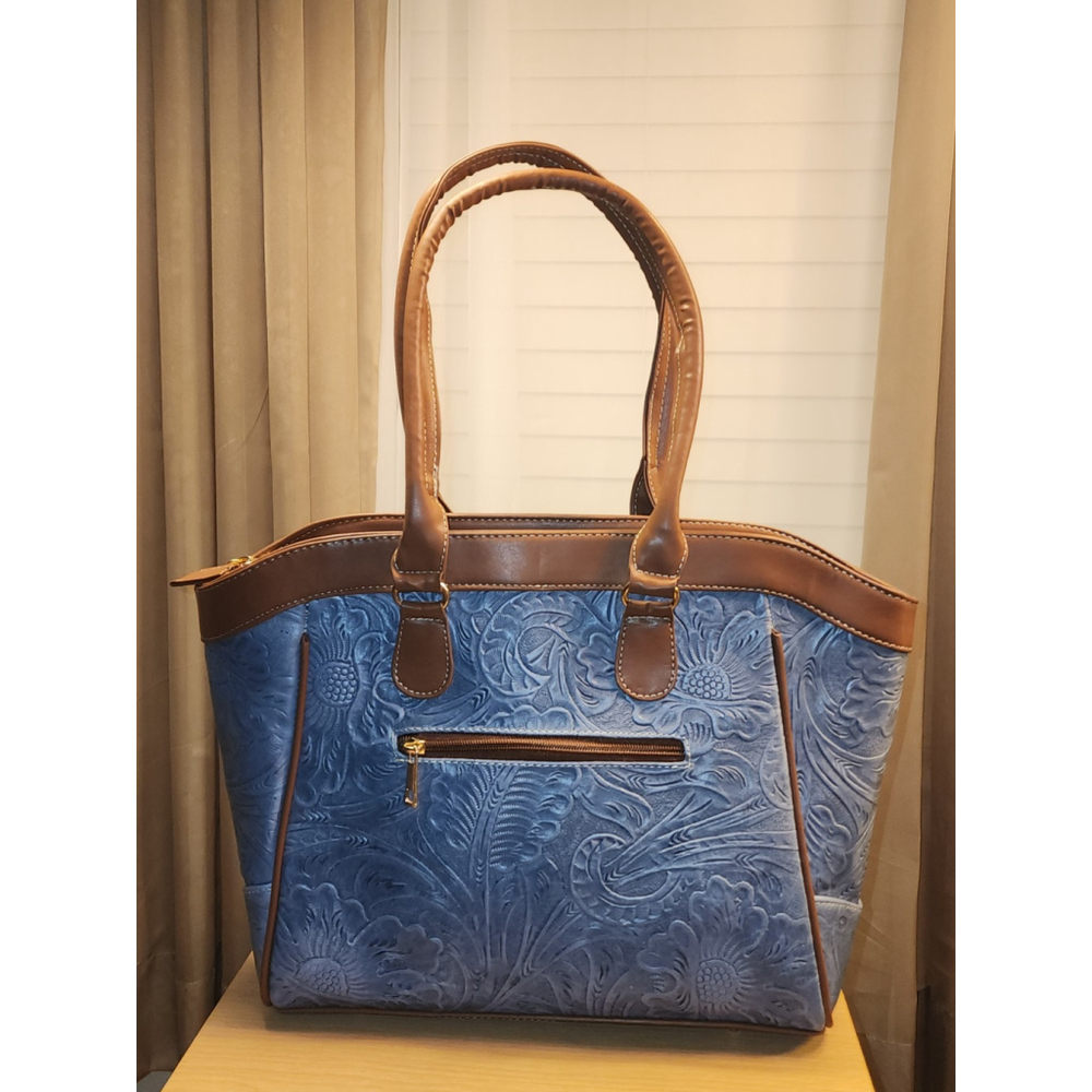 Denim Blue Brown Cross Stitch Embossed Tooled Artisan LEATHER Hobo Bag Purse - Picture 5 of 9